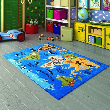 Confetti Continents Mavi Biyeli Çocuk Odası Halısı